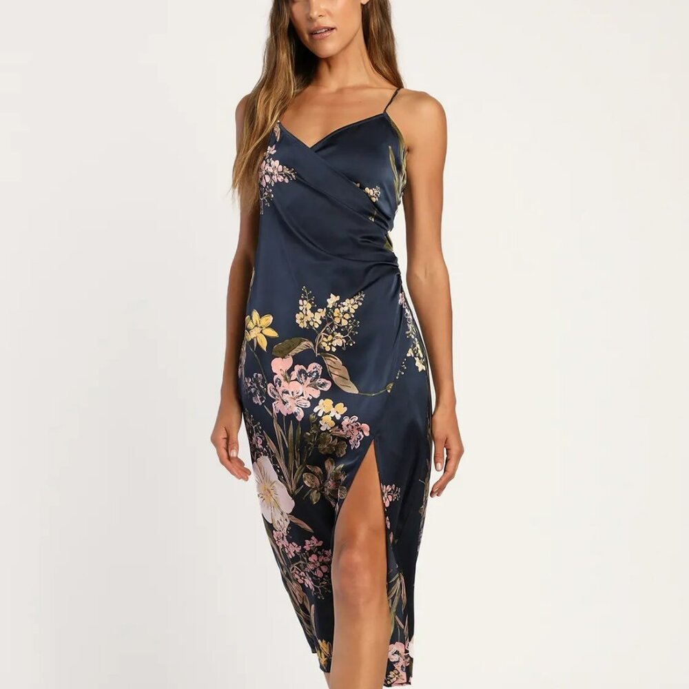 Lulu's Remarkable Entrance Navy Blue Floral Print Satin Midi Dress XS - Tags ON